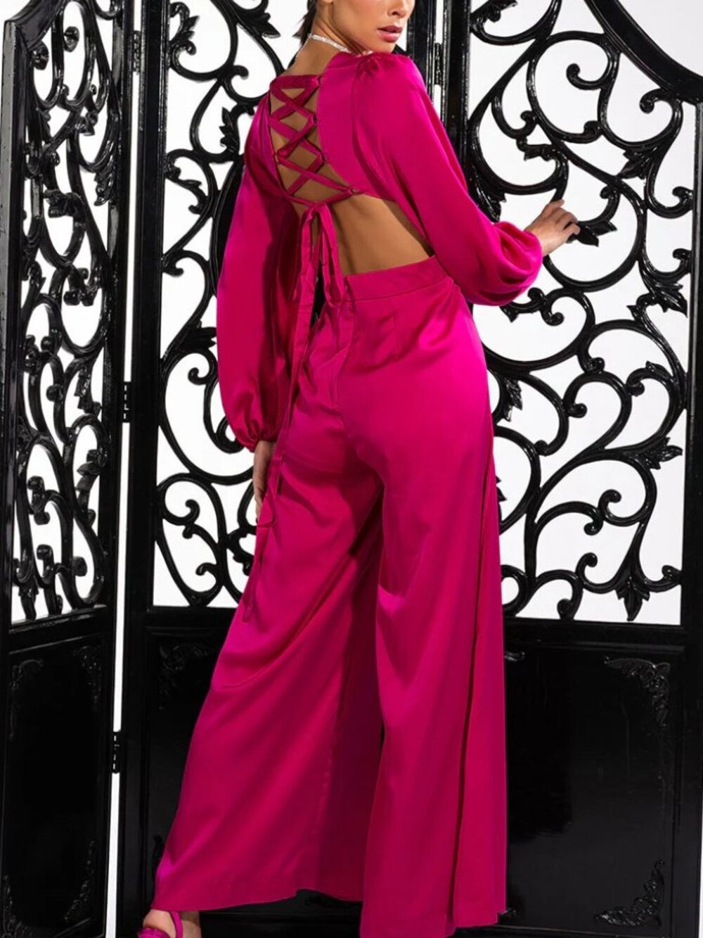 NWT AKIRA Hot Pink Satin Jumpsuit with Lace-Up Back Glam Wide Leg Statement - Picture 2 of 16